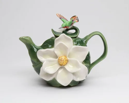 Vista 9 de Tetera de colibrí de porcelana fina con flor de magnolia, 6-1/8" L