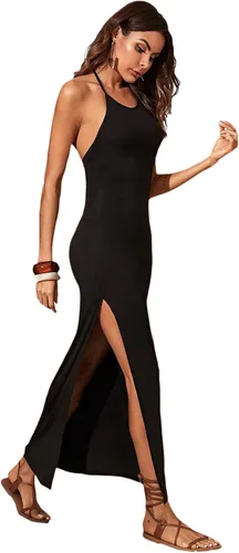 Vista 4 de SheIn Vestido largo sin mangas para mujer, con cuello halter, espalda descubierta, abertura y abertura