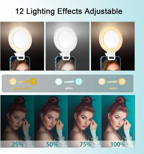 Vista 4 de Anillo de luz para selfie, control táctil de luz de anillo con clip, recargable de 800 mAh, 60 luces LED circulares con 3 modos de luz