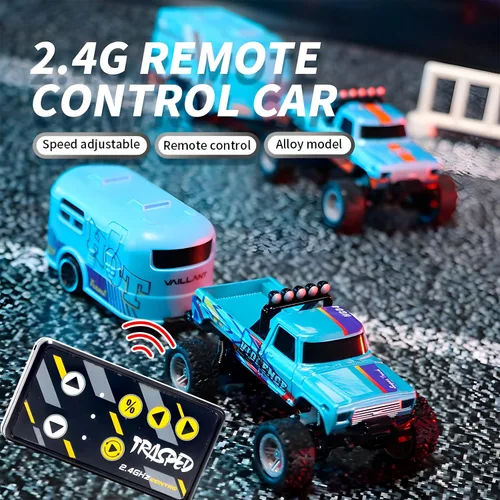 Vista 2 de Atlodas Mini Camión RC, Mini Camión Monstruo RC, Camión Monstruo de Control Remoto a Escala 1:64 con Luces, Control Remoto de 2.4Ghz Verde