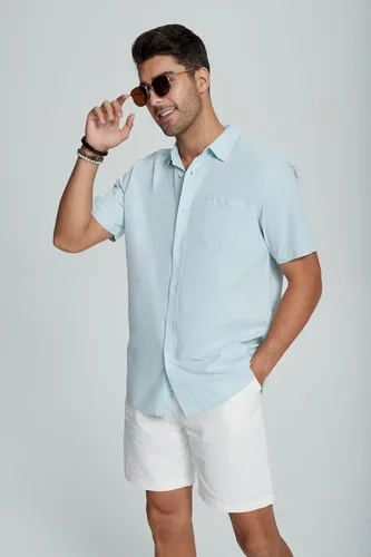 Vista 3 de Camisas casuales de lino con botones de manga corta para hombre, para playa, verano, cuello extendido, con bolsillo