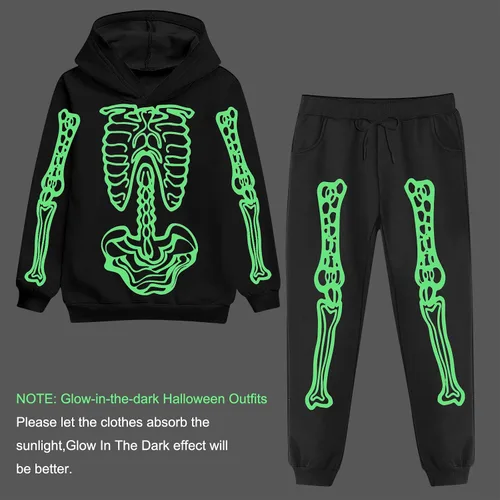 Vista 6 de TUONROAD 5-12 Years Boys Girls Halloween Outfits Kid's Skeleton Glow-in-The-Dark Hoodie Pants Set