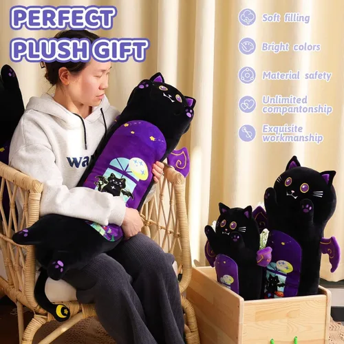 Vista 6 de AIXINI Almohada larga de felpa de gato negro de dibujos animados, suave juguete de peluche de gatito Kawaii para niños (gato gótico, 35.4 pulgadas)