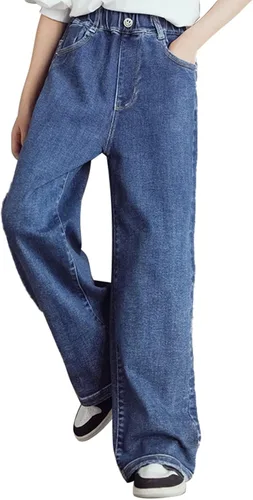 Vista 3 de birbyrrly Pantalones de mezclilla de pierna ancha para niñas, holgados, cintura elástica, pantalones de mezclilla casuales con bolsillos