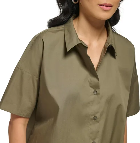 Vista 4 de Calvin Klein Blusa de manga corta con botones de popelina para mujer