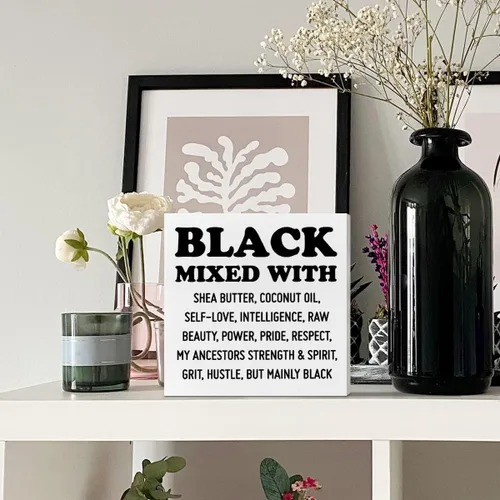 Vista 5 de Caja de madera para escritorio de mujer y niña, mezclada con poder, inspirador afroamericano motivacional para el hogar, oficina, dormitorio, sala