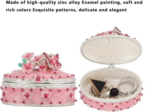 Vista 3 de Caja de joyería decorativa con diseño de flores de cerezo con bisagras, pequeña caja de joyería decorativa con cristales rosados para regalo