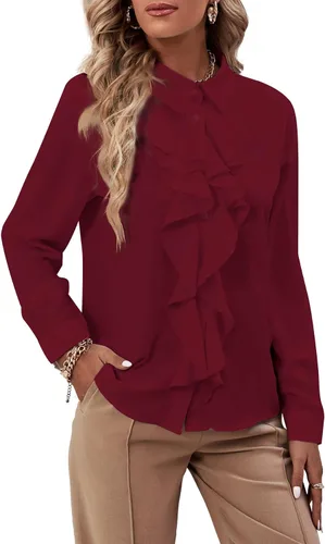 Vista 25 de LYANER - Blusa de manga larga con cuello de botón y volantes en la parte delantera para mujer