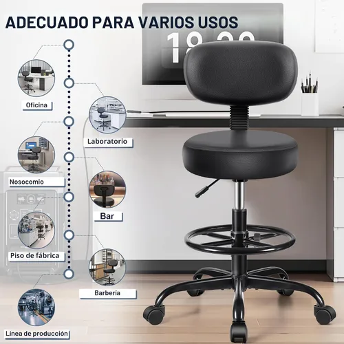 Vista 7 de Brick Attic Silla de dibujo con respaldo, taburete ajustable con ruedas, taburete giratorio de piel sintética para oficina, spa, estudio, mostrador
