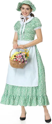 Vista 2 de GRAJTCIN Disfraz de mujer pionera, vestido de pradera colonial, manga corta, disfraz histórico de Halloween
