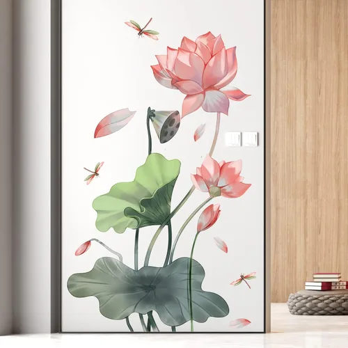 Vista 4 de Calcomanía de pared creativa de libélula de loto, calcomanía de pared de hoja de loto grande y vaina, mural de pared extraíble para sala de estar