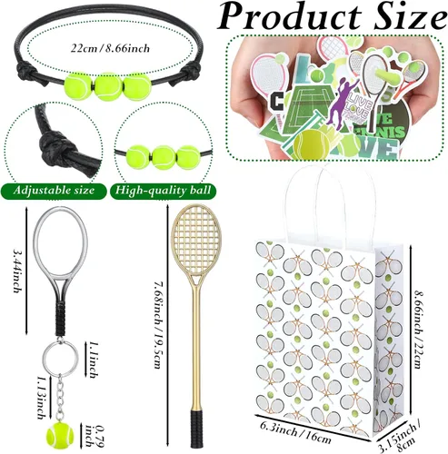 Vista 3 de Huquary 98 piezas de recuerdos de fiesta de tenis, decoraciones de fiesta de tenis, incluye 50 calcomanías, 12 mini llaveros de raqueta, 12 pulseras