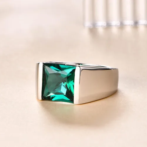 Vista 3 de Anillos de plata de ley con zafiro esmeralda creada para hombres y mujeres, piedra preciosa verde y azul, anillos chapados en oro blanco de 14