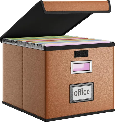 Vista 34 de Caja organizadora de archivos Huolewa con tapa, caja organizadora de carpetas de archivos colgantes de cuero sintético plegable con deslizadores