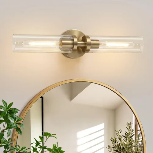 Vista 25 de Indoi Apliques de pared de níquel cepillado, apliques de baño cableados con vidrio transparente, modernos accesorios de tocador de baño para espejo
