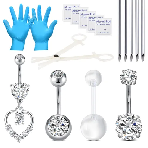 Vista 4 de DJCIW Kit de piercing para ombligo - Anillos de ombligo de acero inoxidable 14G, agujas de oro rosa