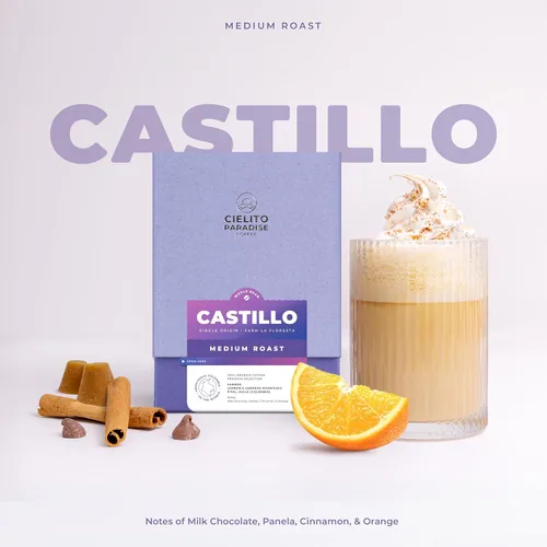 Vista 3 de Cielito Paradise Castillo Café – Grano entero de tostado medio de Huila Colombia, sedoso con chocolate con leche, panela, canela y naranja, 12 onzas