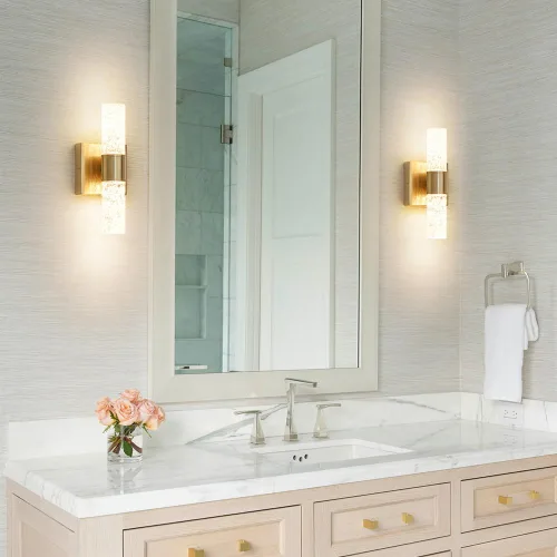 Vista 5 de Juego de 2 apliques de pared LED de cristal, lámparas de baño de oro cepillado, modernas luces de baño con LED con cable para dormitorio, sala