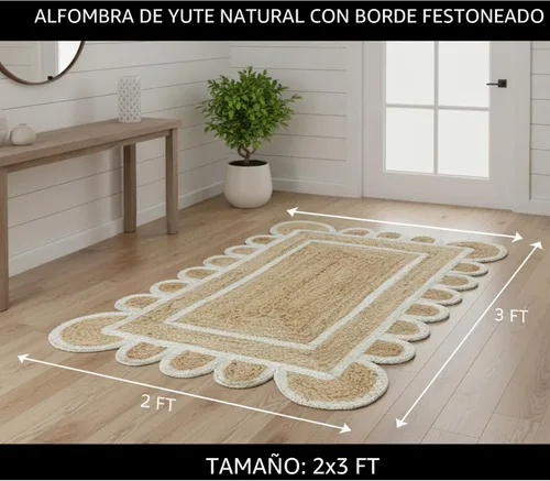 Vista 2 de Alfombra festoneada de yute natural, base natural con ribete blanco hueso, alfombra bohemia de granja hecha a mano con respaldo antideslizante