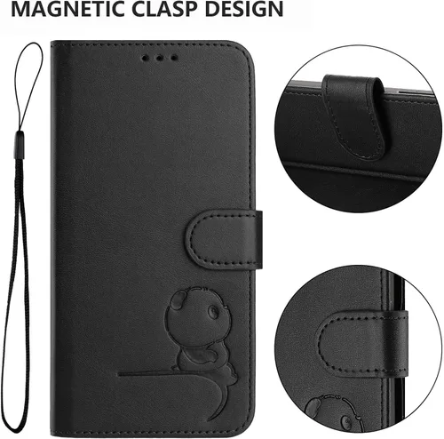 Vista 3 de Funda de cuero compatible con Moto E22i 4G, bonita funda de piel de panda con soporte para tarjetas, correa de muñeca, a prueba de golpes, para Moto