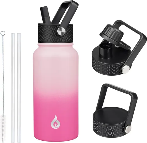 Vista 96 de BJPKPK Botellas de Agua Aisladas con Tapa de Pajita, Botella de Agua de Acero Inoxidable de 18oz, Termo Frío Caliente con 3 Tapas, Vaso de Viaje a