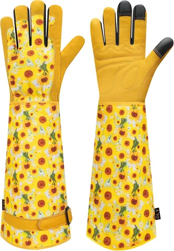 Vista 8 de DLY Guantes de jardinería para mujeres, guantes para rosas resistentes a espinas, guantes largos de jardín para mujeres, guantelete de cuero vacuno