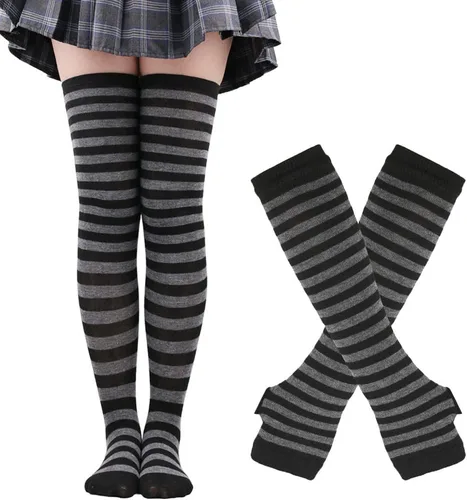 Vista 11 de Benefeet Sox Conjunto de calcetines altos hasta el muslo a rayas arcoíris para mujer, calentadores de brazos, guantes sin dedos, disfraz