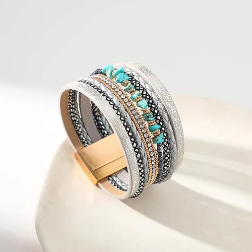 Vista 6 de HUASAI Pulsera bohemia de piel sintética para mujer, joyería de turquesa occidental multicapa