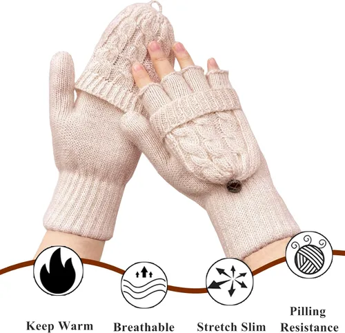 Vista 66 de Beurlike Guantes de invierno para mujer, de lana cálida, a prueba de viento, convertibles, sin dedos