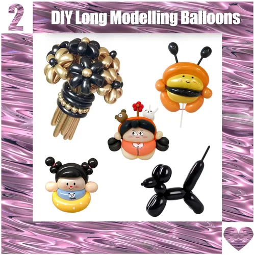 Vista 3 de 100 globos largos de látex DIY 260 globos para decoración de cumpleaños, bodas, decoración de fiestas, lazos (negro)