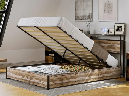 Vista 8 de IKIFLY Cama de almacenamiento elevable tamaño Queen, marco de cama de metal con estante de almacenamiento de 2 niveles y estación de carga, listones