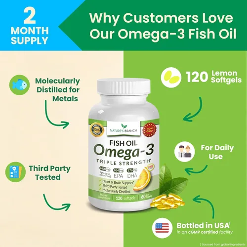 Vista 4 de Aceite de pescado Omega 3 de triple fuerza para la salud del corazón, el cerebro y los ojos - Aceite de pescado EPA y DHA para hombres y mujeres