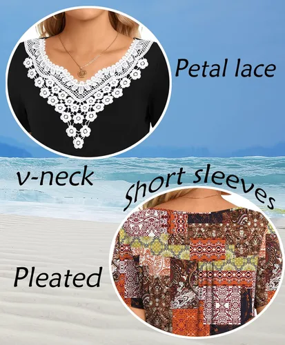 Vista 6 de CATHY Blusa de verano para mujer, manga corta, cuello en V, encaje de ganchillo, informal, plisada