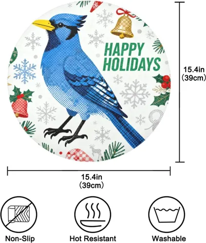Vista 4 de Merry Christmas Robin Round Placement placemats and Coasters for Dining Table Set of 4 15x15 in mantelitos individuales para mesa