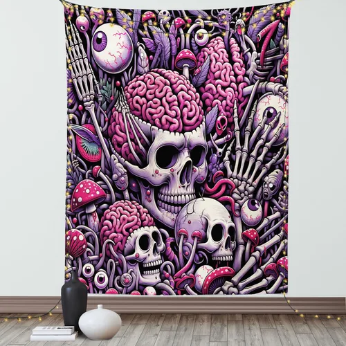 Vista 43 de Ambesonne Tapiz de hongos, atmósfera psicodélica, escena astral estrellada con motivos orientales trippy, decoración de tela para colgar en la pared