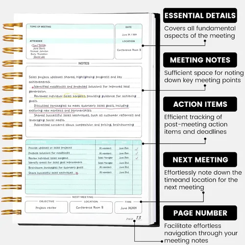 Vista 2 de Cuaderno de Reuniones para Trabajo con Elementos de Acción 5.5×8.5 Tapa Dura Espiral Planificador de Reuniones para Oficina Negocios Notas