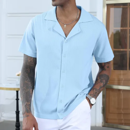 Vista 2 de Camisas polo de guayabera cubana para hombre, estilo casual, manga corta, ligeras, de punto, camisetas de golf de color sólido