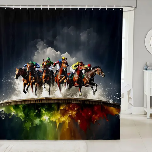 Vista 45 de Castle Fairy Watercolr - Cortina de ducha de tela de carreras de caballos, cortinas de ducha de juego de caballos para baño, cortina de ducha