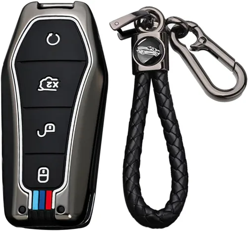 Vista 8 de Funda para llavero de aleación de zinc con llavero para BYD Han Ev Tang Dm 4 botones Funda protectora para llave de coche Un llavero-Negro