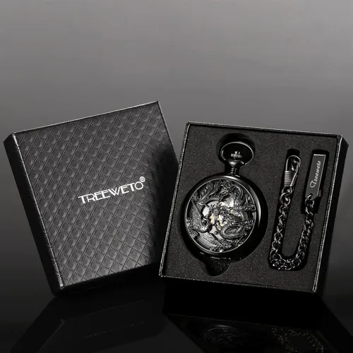 Vista 7 de Reloj de bolsillo mecánico de esqueleto para hombre, diseño de dragón fénix, caja negra con cadena + caja de regalo para hombre, Negro -, Mecánico