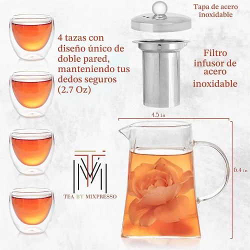 Vista 2 de Mixpresso Juego de 5 teteras de vidrio, tetera con infusor extraíble, tetera de vidrio transparente de 33 onzas con 4 tazas de pared doble de 2.7