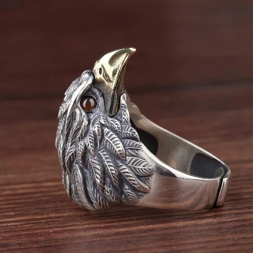 Vista 4 de QUSIIOSLK Anillo de caballero de águila abierta de plata de ley vintage para hombre, estilo punk gótico, joyería de águila animal para veteranos