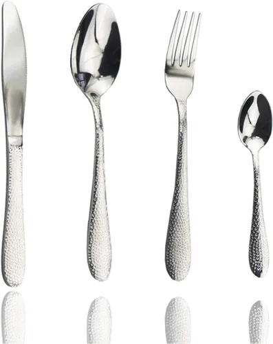 Vista 15 de JASHII Juego de cubiertos de 4 piezas de acero inoxidable negro forjado con mango martillado, servicio para 1 pulido de espejo, apto