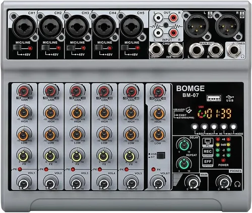 Vista 11 de BOMGE Mezclador de audio, consola de mezcla de tablero de sonido con 5 canales digitales USB Bluetooth, efecto de eco y retardo, alimentación