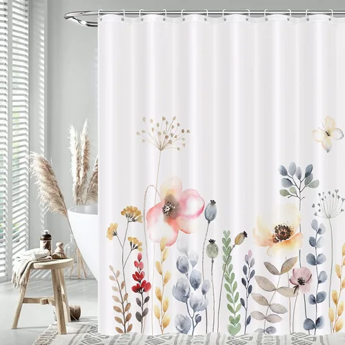 Vista 10 de Juego de cortinas de ducha – Cortina de baño floral con flores azules y beige, cortina de ducha para baño, juego de cortina de ducha de tela