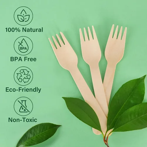 Vista 3 de LotFancy Tenedores desechables, 100 tenedores de madera, 6.2 pulgadas, biodegradables compostables, ideales para camping, picnic, cenas, suministros