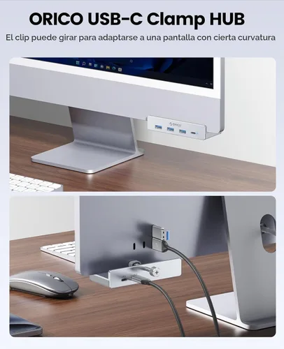 Vista 3 de ORICO Hub USB 3.0, Abrazadera USB Hub con puerto de alimentación adicional, 3 puertos de datos USB-A, puerto USB-C para monitores, escritorios