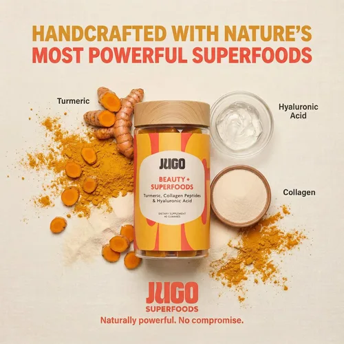 Vista 3 de JUGO Beauty + SUPERFOODS - Gomitas de colágeno para cabello, piel y uñas, suplemento de ácido hialurónico y cúrcuma, sin crueldad, sin gelatina