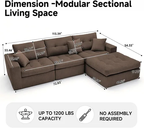 Vista 2 de Sofá modular en forma de L de 114 pulgadas con diván, sofá de pana sin hueso con otomana móvil, sofás de asiento profundo para sala de estar, sin