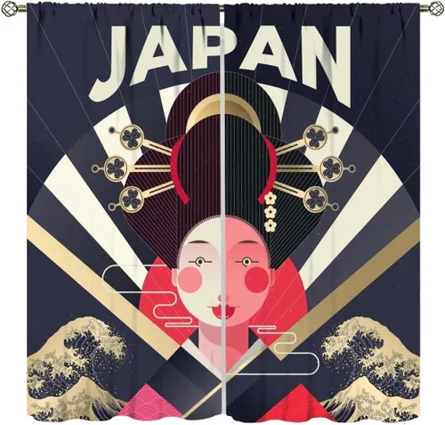 Vista 15 de Cortinas de estilo japonés, Kyoto Geisha Girls Asian Ink Painting - Cortinas de tela de poliéster con estampado de Japón antiguo para dormitorio